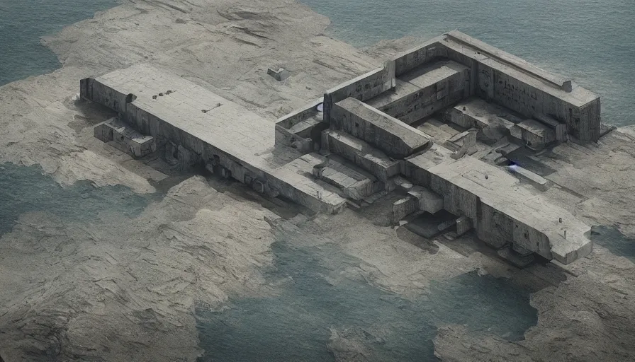 Prompt: big brutalist military base on cliffs, drawing architecture, sea, very long shot, top angle, pritzker architecture prize, science fiction, control the game, brutalism, earthbound, jan urschel