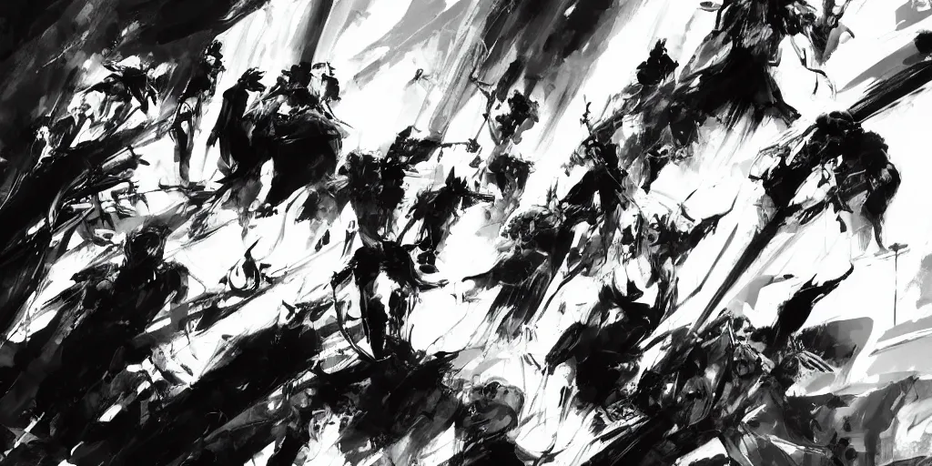 Prompt: concept art of pop star concert by yoji shinkawa and ashley wood and j. m. w. turner, speed painting, photo bash, cinematic angle, super detailing, monochrome, strong perspective