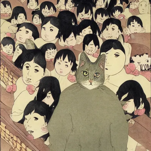 Image similar to an art piece of people getting eaten by a giant cat tsuguharu foujita