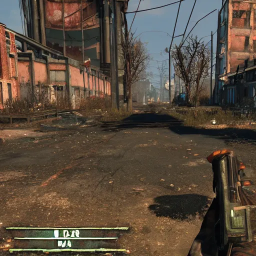 Prompt: Helmond in ruins post-nuclear war in Fallout 4, in game screenshot