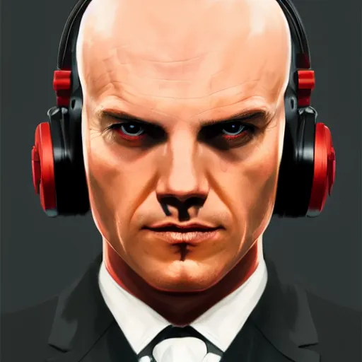 Image similar to a symmetrical portrait of agent 4 7 from hitman wearing headphones, dark background, red rim light, highly detailed, digital art, artstation, concept art, smooth, sharp focus, greg rutkowski, wlop