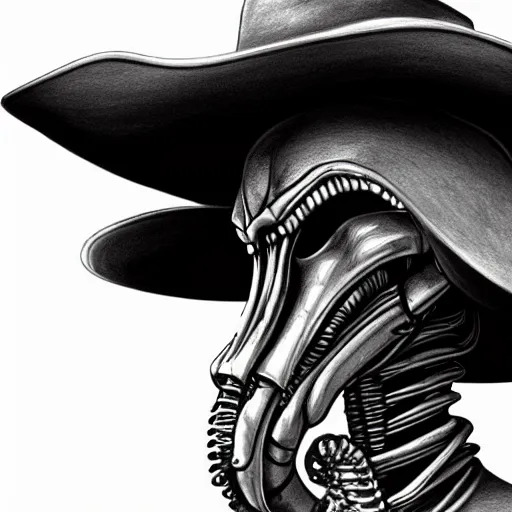 Prompt: a pencil sketch of a xenomorph wearing a cowboy hat, white background, fine detail, 8 k details