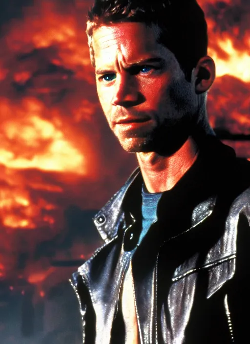 Image similar to film still of Paul Walker as The Terminator in The Terminator, 4k