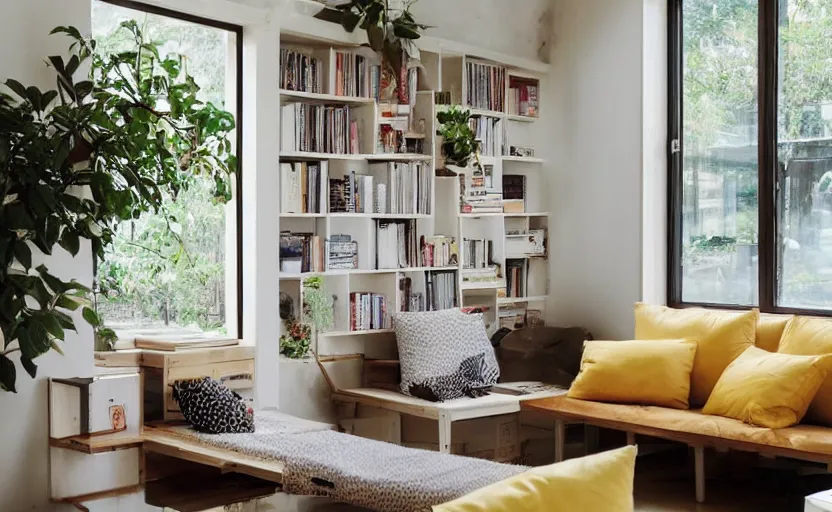 Image similar to interior design magazine photo of a big window with a wooden frame to sit on, some sandy yellow pillows, there are some books on a small integrated shelf, hanging plants, great architecture, ambient light, 8k