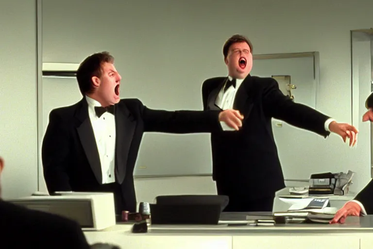 Image similar to cinematic still of portly clean-shaven white man wearing suit and necktie shouting at two other men his office in 1994 film, XF IQ4, f/1.4, ISO 200, 1/160s, 8K, RAW, dramatic lighting, symmetrical balance, in-frame