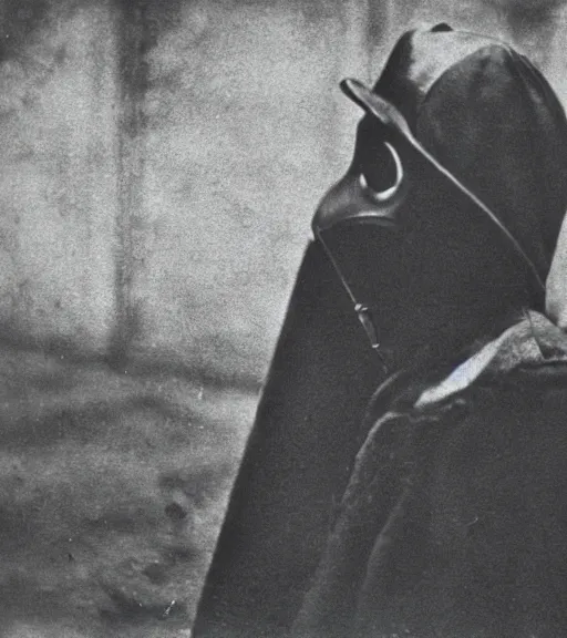 Image similar to a man at wearing plague doctor mask in distance, ww1 film photo, grainy, high detail, high resolution