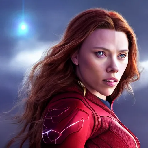 Prompt: Movie still of Scarlett Johanssonas Scarlet Witch, flying in the sky, emanating magic from her palms, photorealistic facial features, vibrant golden lighting, golden ratio, Trending on artstation, photorealistic art style, 4k, 8k