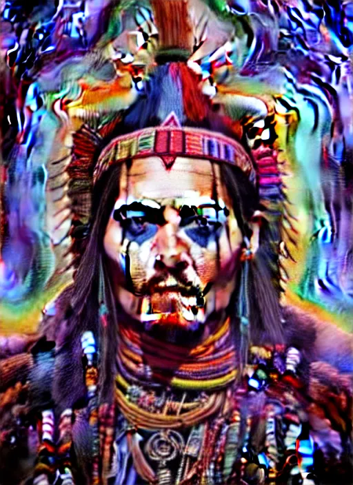 Prompt: portrait of johnny depp, hyper detailed ultra sharp aztec shaman warrior. trending on artstation, warpaint aesthetic, bloodwave, colorful, psychedelic, ornate, intricate, digital painting, concept art, smooth, sharp focus, illustration, art by artgerm and greg rutkowski and h. r. giger, 8 k