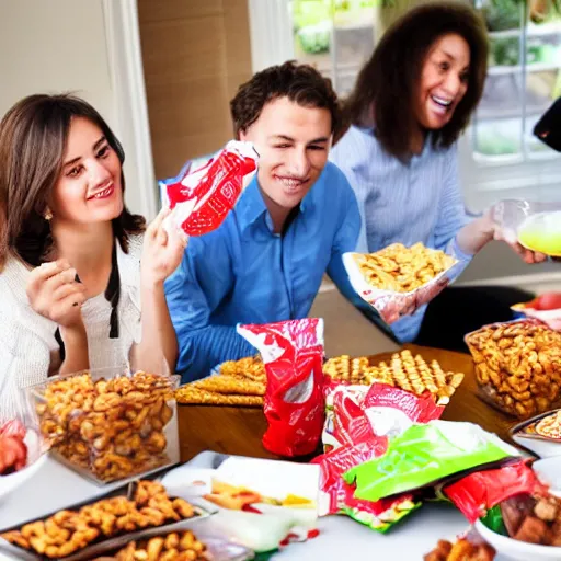 Prompt: people at a party eating out of snack bags