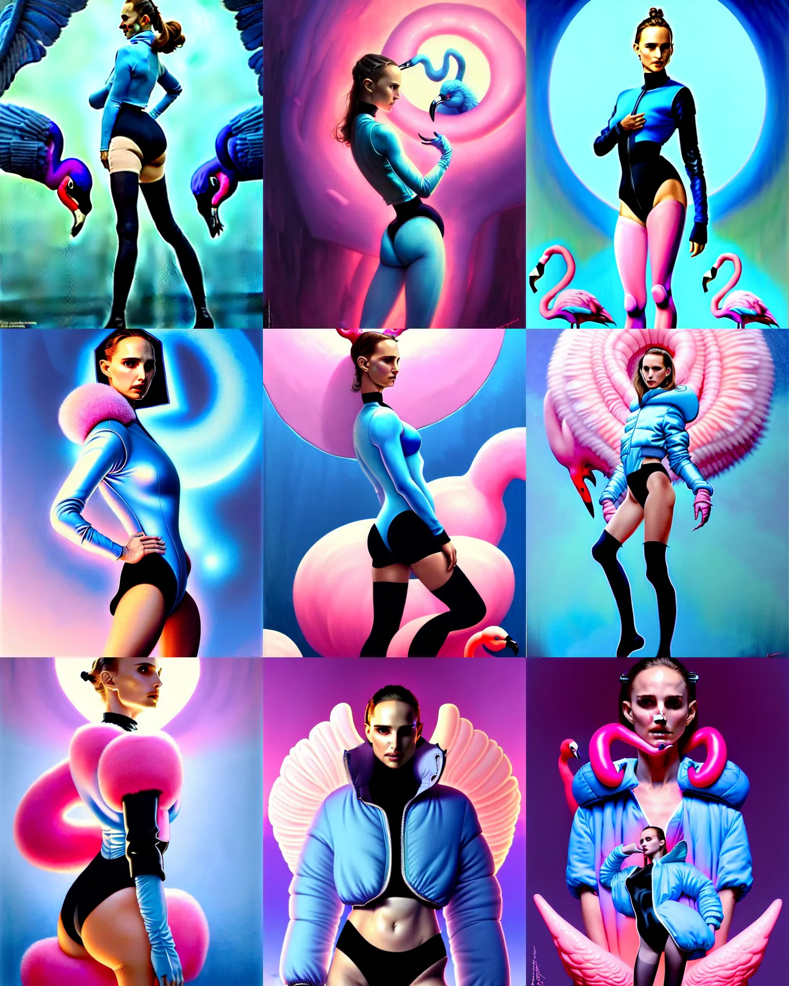 Prompt: beautiful fantasy character portrait, natalie portman, wearing oversized puffy baby blue bomber jacket and black leotard, ultra realistic, wide angle, dramatic lighting, flamingoes, very seductive pose, cyberpunk artifacts, highly detailed by peter mohrbacher, hajime sorayama, wayne barlowe, boris vallejo, aaron horkey, gaston bussiere, craig mullins