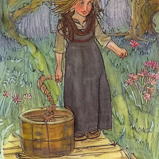 Image similar to the blacksmits’ daughter, working in the forge, fantasy art in the style of Elsa Beskow,