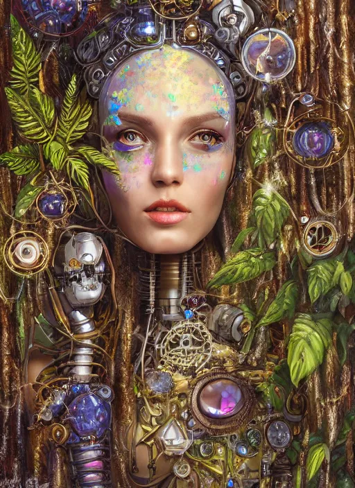 Image similar to oil painting of beautiful female robot covered by plants and crystals in the mystical forest, beautiful symmetrical face, chrome parts, opal crystals, renaissance style, golden steampunk, retro futurism, sci - fi, filigree jewellery, baroque, cinematic light, mystical shadows, 8 k