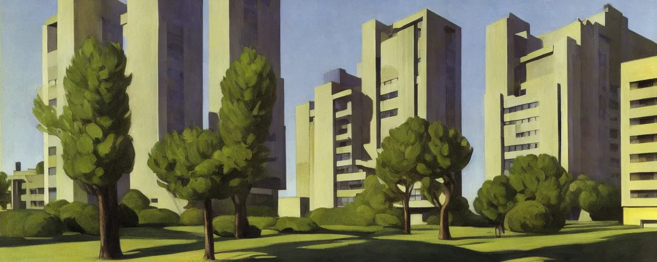 Image similar to futuristic brutalist apartments with trees and plants, edward hopper