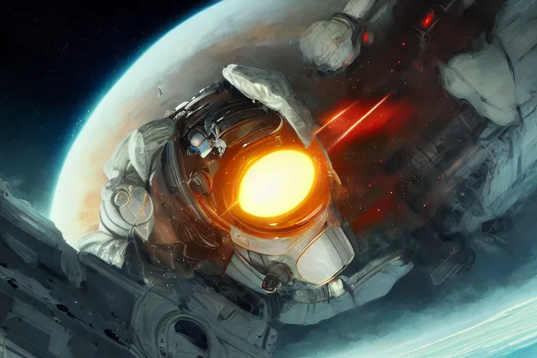 Image similar to burning!! astronaut!! falling through the majestic clouds of jupiter!!, by cedric peyravernay, highly detailed, excellent composition, cinematic concept art, dramatic lighting, trending on artstation