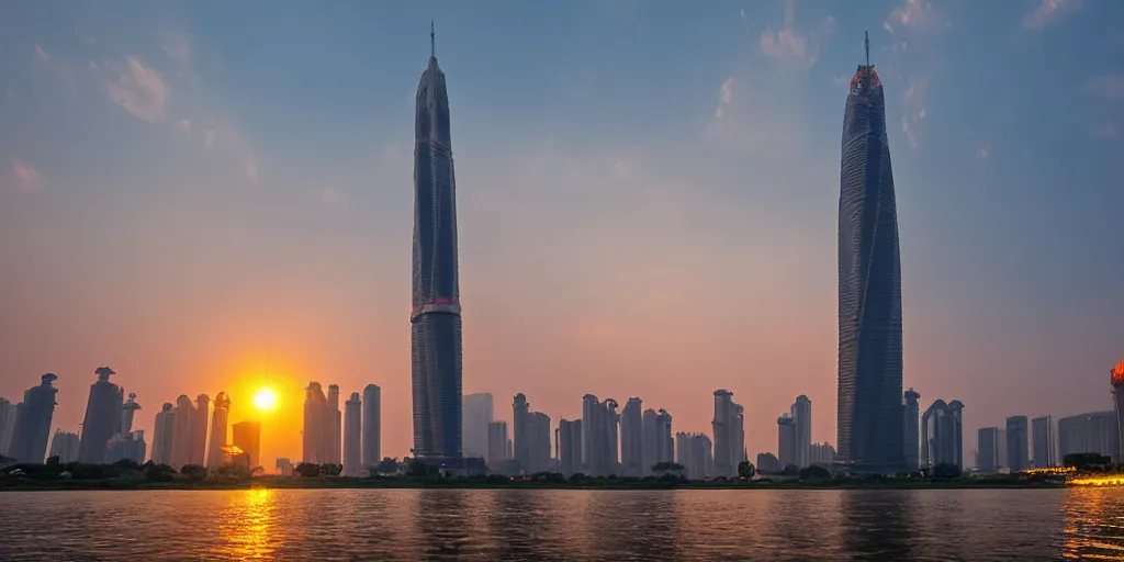 Image similar to guangzhou tower, under water, sunset