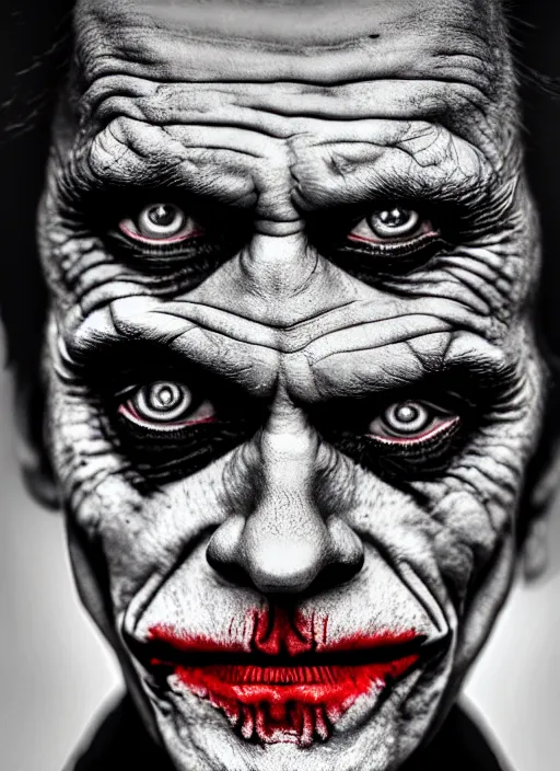 Prompt: photo of Willem Dafoe as the Joker by Lee Jeffries, detailed, award winning, Sony a7R, trending on artstation