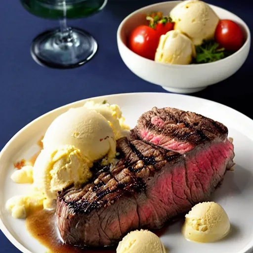 Prompt: steak topped with ice cream, cookbook photo