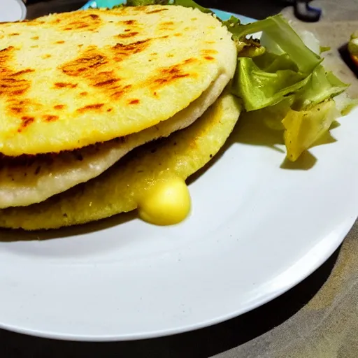 Prompt: venezuelan arepa of chicken and cheese