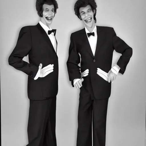 Image similar to two deformed cloned alien men brothers dressed in cheesy 80s suits. Candid photograph.