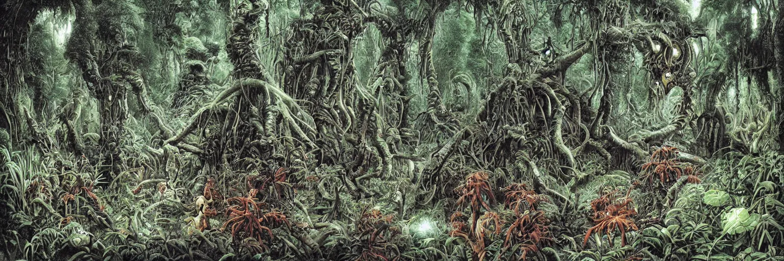 Prompt: underground cave on an exotic alien planet with a jungle canopy of antler trees in the background, leafy overgrowth, insectile weeds, demon faces, by ian miller, rodney matthews and al feldstein
