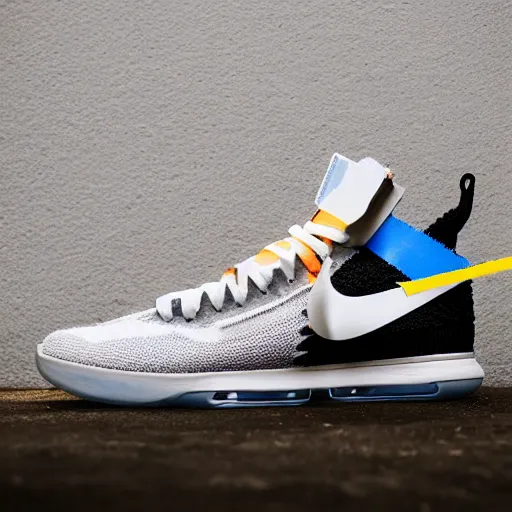 Image similar to a studio photoshoot of Nike Off-white Lebron sneakers designed by Virgil Abloh, knitted mesh material, gum rubber outsole, realistic, color film photography by Tlyer Mitchell, 35 mm, Graflex