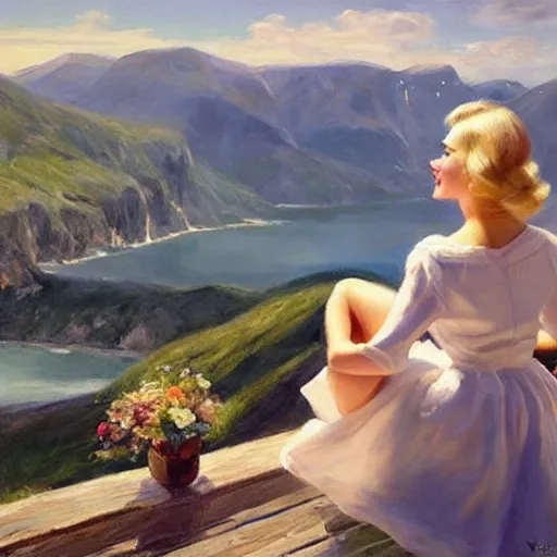 Prompt: 1950s beautiful!!! blonde looking over a Norwegian fjord, painting by !Vladimir Volegov!