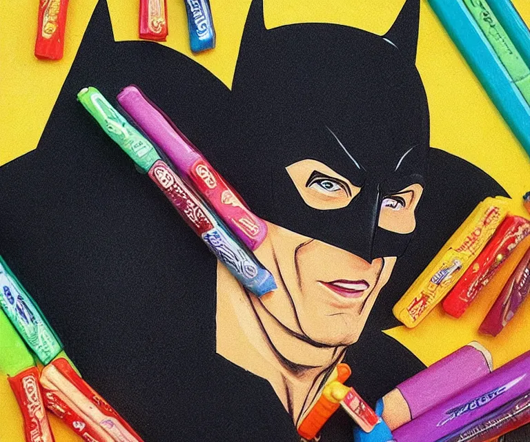 Image similar to “ treacher collins batman eating crayons from the box, photorealistic, hyperrealism, 8 k ”