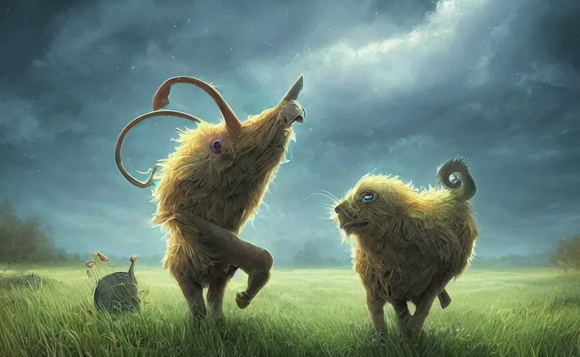 Prompt: A whimsical magical creature in a field, beautiful, cool dynamic lighting, atmospheric, cinematic, highly detailed digital art, painted by Scott Musgrove