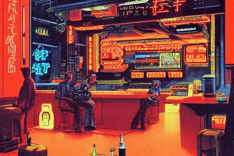 Image similar to 1979 OMNI Magazine Cover of a cozy bar interior in neo-tokyo in cyberpunk style by Vincent Di Fate. Product advertisement