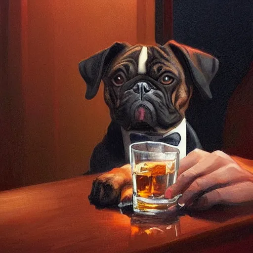 Image similar to a beautiful illustration painting of a dog in a tuxedo drinking whiskey in a dimly lit bar by Jerome Opeña featured on artstation, studio lighting, photorealistic digital art