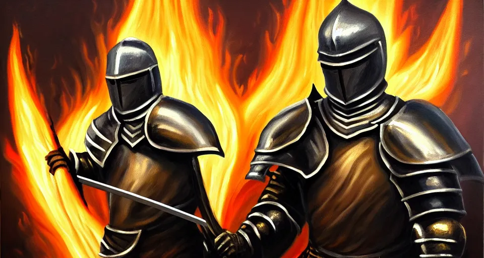 Image similar to An oil painting of a knight in dark metal armor wielding a flaming sword