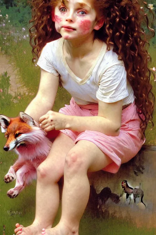 Image similar to a seven - year old freckle - faced girl with long curly dirty blonde hair, blue eyes, tan skin a pink tee shirt and shorts, playing with a fox, painting by daniel gerhartz, alphonse mucha, bouguereau, detailed art, artstation