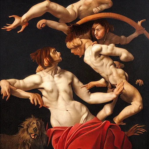 Prompt: detailed painting of a cerberus in caravaggio style painting album music cover