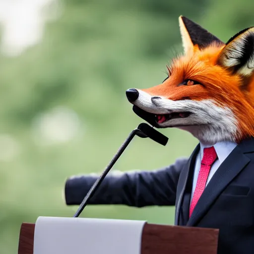 Image similar to a fox animal dressed in a suit giving a presidential speech, 8 5 mm f / 1. 4