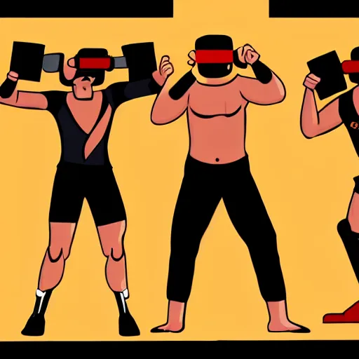 Image similar to wrestlers wearing vr headsets, vr goggles, shrugging, shrugging arms, tap out, minimalistic, trending on art station, digital illustration by matthew skiff