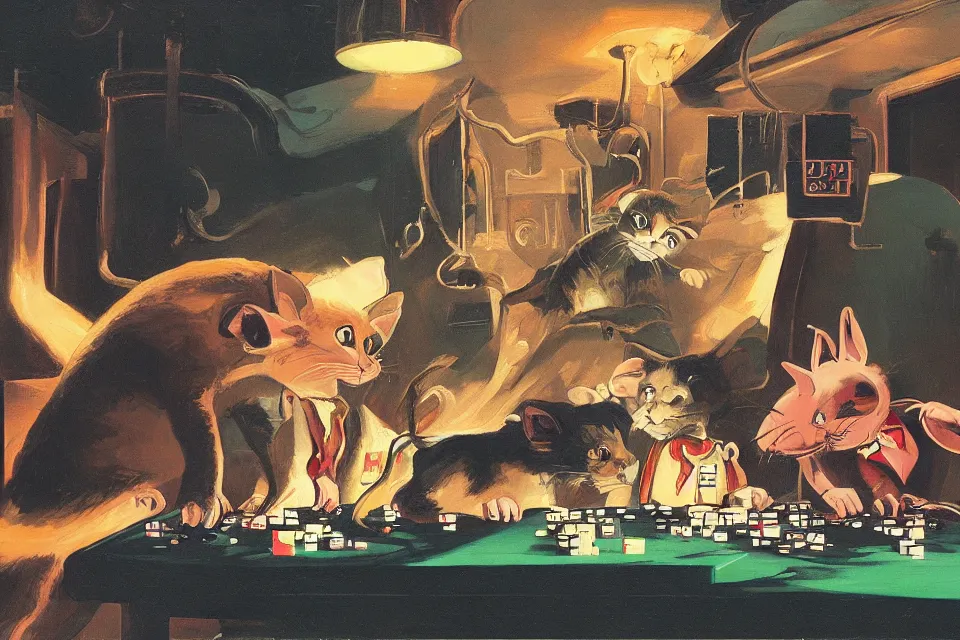 Prompt: 3 cats rolling dice with 3 rats, neon basement, by syd mead , john kricfalusi