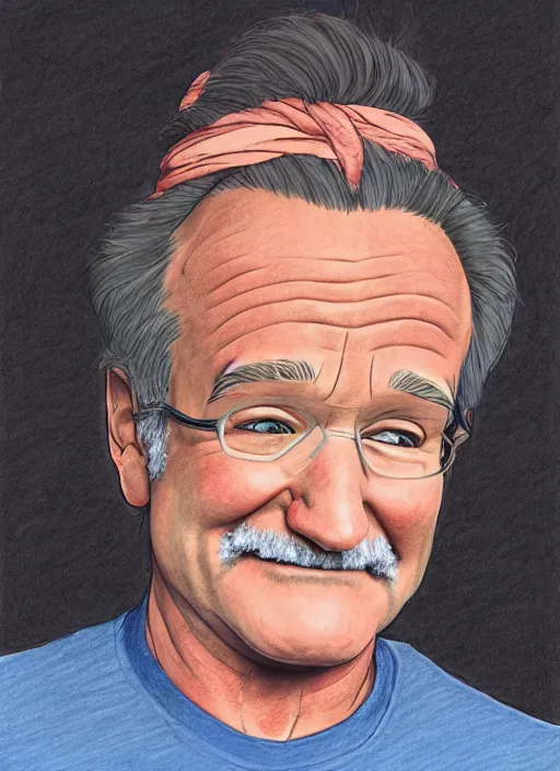 Image similar to a drawing of Robin Williams, by Studio Ghibli, 8k, illustation