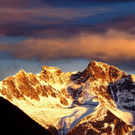 Image similar to an amazing photograph of a mountain range, the setting sun is shining on the peaks of the mountains