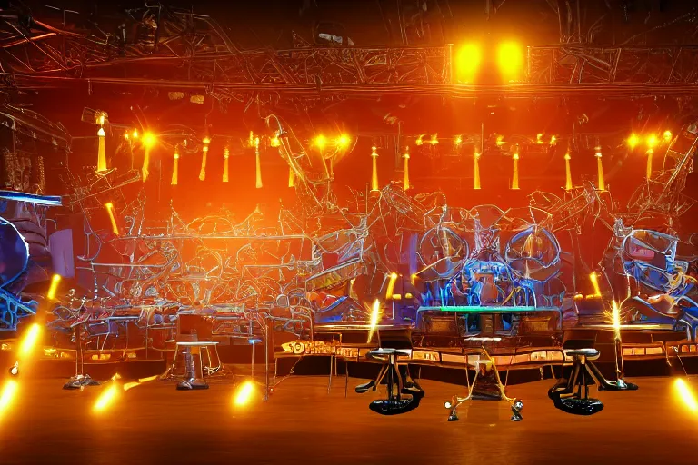 Prompt: stage is from americas got talent, we see the jury desk, behind the desk sits the jury is 3 golden and blue metal humanoid steampunk robots wearing and gears and tubes, eyes are glowing red lightbulbs, shiny crisp finish, 3 d render, 8 k, insaneley detailed, fluorescent colors, background is multicolored lasershow