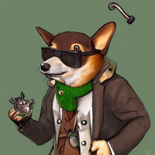 Image similar to Anthropomorphic Corgie with Pipe in his mouthe a green scarf around his neck a monocle up to his eye and a backpack full of wares, D&D Art, Fantasy, by Vince Ruz