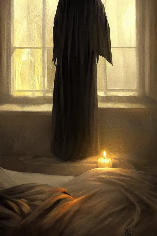 Image similar to death waking up from the bed , death is wearing black robe, together with him Vesa Matti Loiri sunrise coloring the room,fantasy, intricate, elegant, highly detailed, digital painting, artstation, concept art, smooth, sharp focus, illustration, art by Ilja Repin