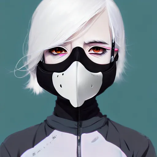 Image similar to White haired woman, with black facemask, techwear, matte print, digital art, cute smile, beautiful eyes, digital painting, fan art, pixiv, elegant, Ilya Kuvshinov style, Studio Ghibli