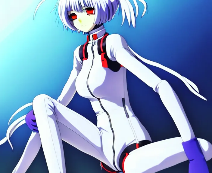 Image similar to anime art, fullbody shot of female rei ayanami, evangelion, long blue hair and large eyes, finely detailed perfect face, in a pale skintight plugsuit, sitting on rooftop, flooded city, trending on pixiv fanbox, by ilya kuvshinov, sola digital arts,, raytracing