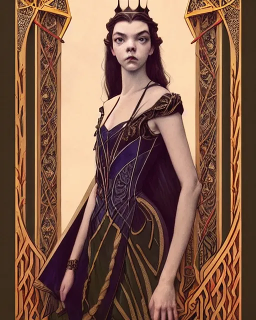 Image similar to twenty year old anya taylor - joy ( queen's gambit ) as a chess queen, art nouveau, fantasy, intricate, elegant, highly detailed, sharp focus, art by artgerm and greg rutkowski and wlop