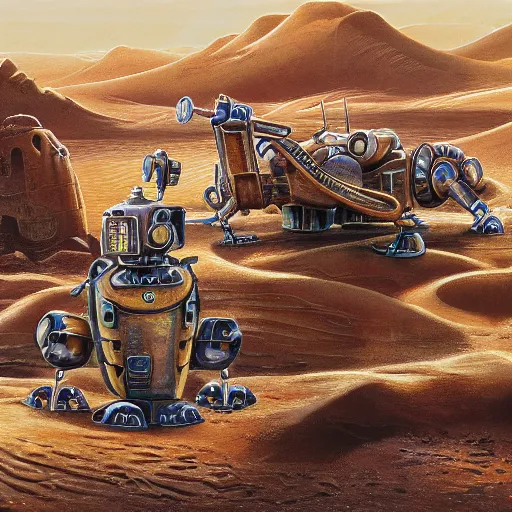 Image similar to painting of a sand landscape, futuristic, buried wreckage of steampunk robots, oasis, 4 k, desolation