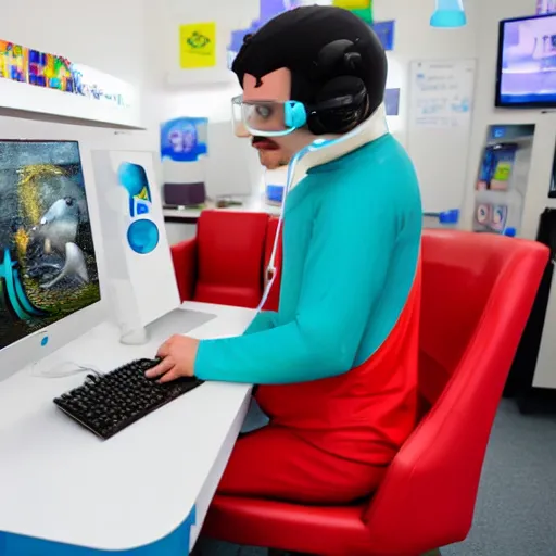 Image similar to A chemist wearing a dolphin outfit playing games on a computer