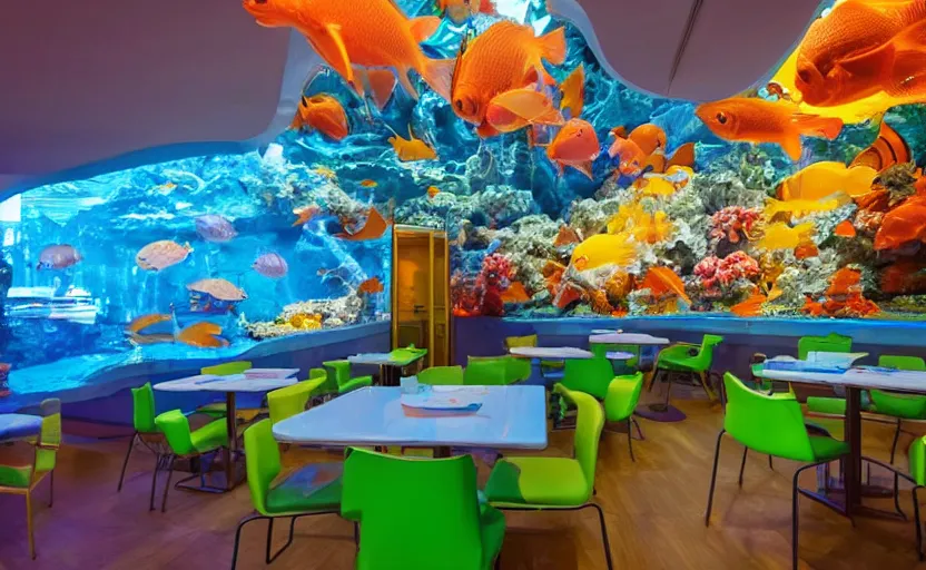 Image similar to inside a fastfood fish restaurant, fluorescent light, bright, atlantis theme, a giant aquarium on the wall