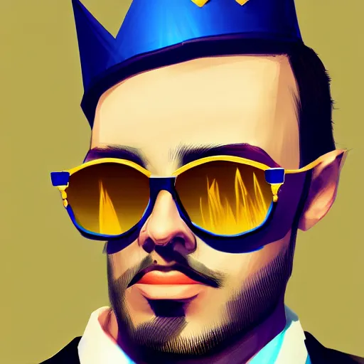 Image similar to rich businessman wearing an expensive blue crown and black shades , digital painting , digital art , artstation , devian art , 4k , HD