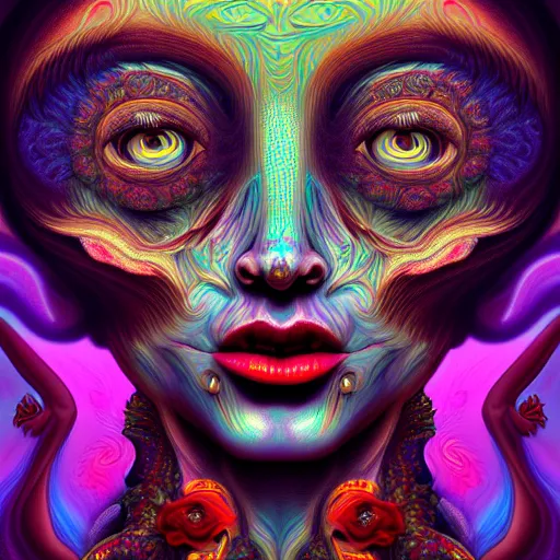 Image similar to An extremely psychedelic portrait of hell, surreal, LSD, face, detailed, intricate, elegant, lithe, highly detailed, digital painting, artstation, concept art, smooth, sharp focus, illustration