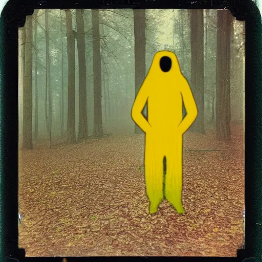 Prompt: the yellow dog man, creepypasta, old colored polaroid, 1 9 2 0's, liminal, foggy forest